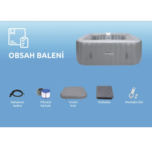 Obsah balení vířivky Marimex: vířivka, nafukovací hadice, filtrační kartuše, vrchní kryt, podložka a montážní klíč.