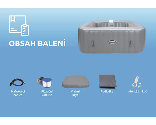 Obsah balení vířivky Marimex: vířivka, nafukovací hadice, filtrační kartuše, vrchní kryt, podložka a montážní klíč.