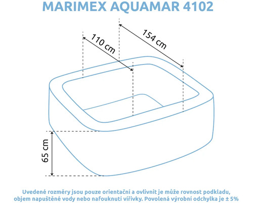 Rozměrový nákres vířivky Marimex Aquamar 4102 s rozměry 154 centimetrů délka, 110 centimetrů šířka a 65 centimetrů výška.