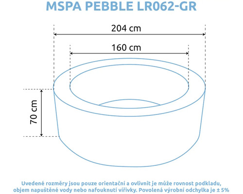Rozměry vířivky MSPA PEBBLE LR062-GR: vnější průměr 204 centimetrů, vnitřní průměr 160 centimetrů a výška 70 centimetrů.