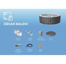 Obsah balení nafukovací vířivky: filtrační kartuše, návleky, základna, vrchní kryt, adaptér vypouštěcího ventilu, nafukovací hadice a sada záplat.