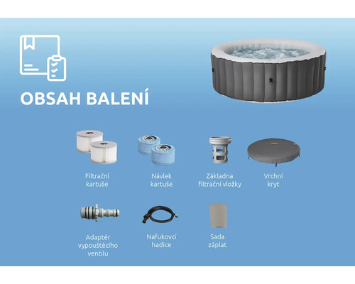 Obsah balení nafukovací vířivky: filtrační kartuše, návleky, základna, vrchní kryt, adaptér vypouštěcího ventilu, nafukovací hadice a sada záplat.