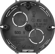 Černá, kulatá krabice pod omítku KU 68 pro elektroinstalace, vhodná pro napětí do 500 Voltů, s evropskou shodou.