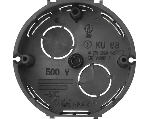 Černá, kulatá krabice pod omítku KU 68 pro elektroinstalace, vhodná pro napětí do 500 Voltů, s evropskou shodou.