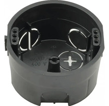 Černá krabice pod omítku z plastu pro elektroinstalaci, kulatá, 400 Voltů.