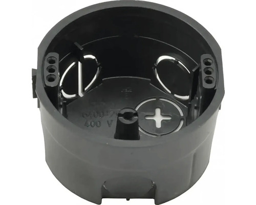 Černá krabice pod omítku z plastu pro elektroinstalaci, kulatá, 400 Voltů.