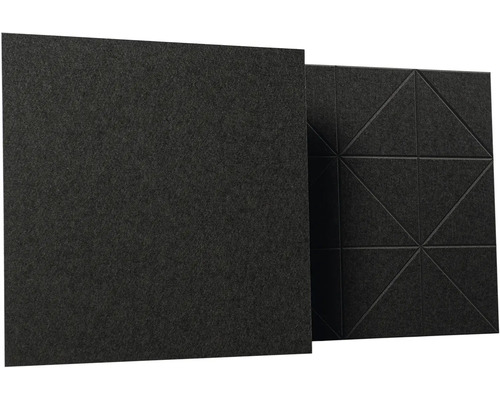 Čtvercové akustické panely z plsti, jeden hladký panel a jeden panel s geometrickým trojúhelníkovým vzorem, antracit.