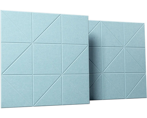 Čtvercové akustické panely ve světle modré barvě s geometrickým trojúhelníkovým vzorem z plsti pro zvukovou izolaci.