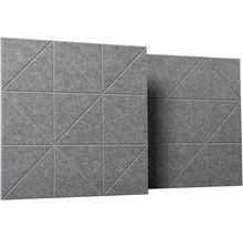 Čtvercové akustické panely z šedé plsti s geometrickým trojúhelníkovým vzorem pro zvukovou izolaci.