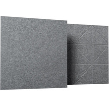 Šedé čtvercové akustické panely z plsti, jeden hladký panel a jeden panel s geometrickým trojúhelníkovým vzorem.