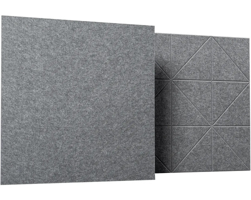 Šedé čtvercové akustické panely z plsti, jeden hladký panel a jeden panel s geometrickým trojúhelníkovým vzorem.