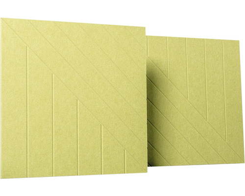 Akustické panely s geometrickým vzorem vertikálních a diagonálních drážek.