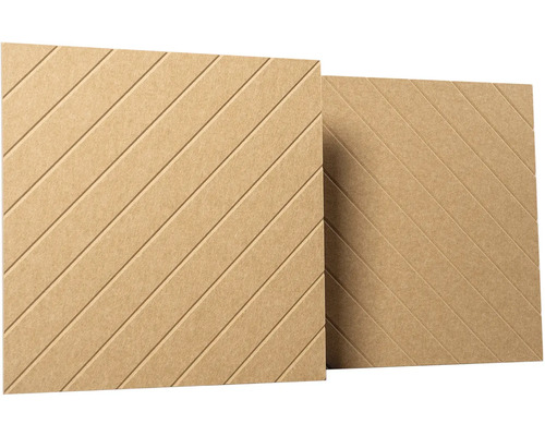 Čtvercový akustický panel z dřevěných vláken s diagonálními drážkami.