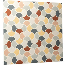 Tapeta s geometrickým vzorem do sebe zapadajících vějířovitých tvarů v retro stylu mid-century modern.