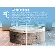 Kulatá vířivka se vzhledem kamene, vhodná pro zimní provoz až do minus 5 stupňů Celsia, zobrazená v děleném náhledu na léto a zimu.