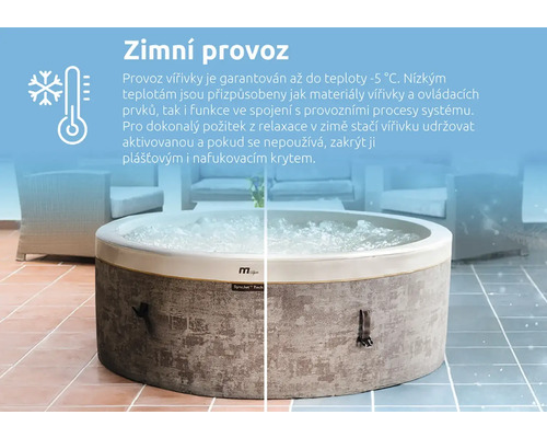 Kulatá vířivka se vzhledem kamene, vhodná pro zimní provoz až do minus 5 stupňů Celsia, zobrazená v děleném náhledu na léto a zimu.