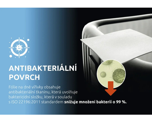 Antibakteriální povrch pro vířivky snižuje množení bakterií o 99 procent v souladu s normou ISO 22196:2011.