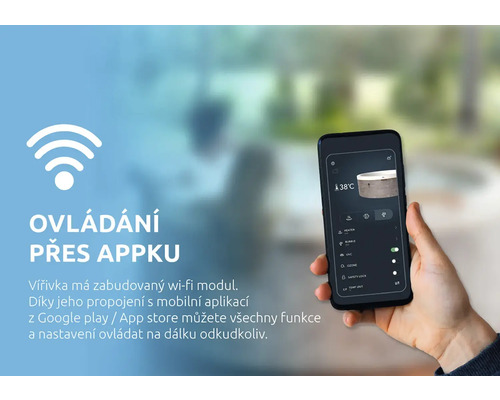 Ovládání vířivky pomocí mobilní aplikace přes zabudovaný wi-fi modul pro nastavení teploty a masážních funkcí.