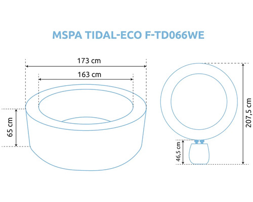 Technický výkres vířivky MSPA TIDAL-ECO F-TD066WE: vnější průměr 173 centimetrů, vnitřní průměr 163 centimetrů, výška 65 centimetrů.