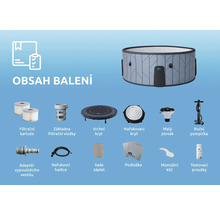 Obsah balení nafukovací vířivky s krytem, filtry, ruční pumpou, hadicemi, podložkou a příslušenstvím.