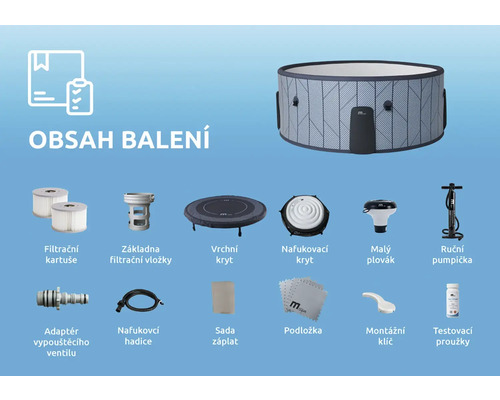 Obsah balení nafukovací vířivky s krytem, filtry, ruční pumpou, hadicemi, podložkou a příslušenstvím.