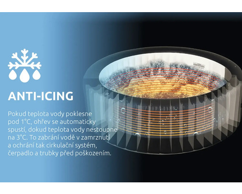 Nafukovací vířivka s funkcí anti-icing pro automatický ohřev vody při poklesu teploty pod 1 stupeň Celsia.