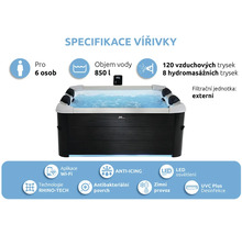 Vířivka pro 6 osob s objemem 850 litrů, 120 vzduchovými a 8 hydromasážními tryskami, Wi-Fi ovládáním a LED osvětlením.