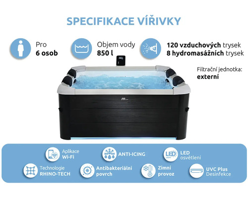 Vířivka pro 6 osob s objemem 850 litrů, 120 vzduchovými a 8 hydromasážními tryskami, Wi-Fi ovládáním a LED osvětlením.