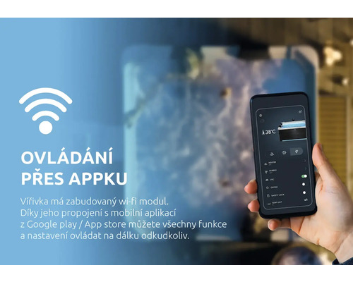 Ovládání vířivky přes mobilní aplikaci pomocí Wi-Fi modulu pro dálkové nastavení teploty a funkcí.