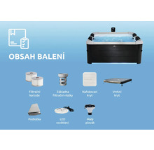 Obsah balení nafukovací vířivky: vířivka, filtrační kartuše, základna, nafukovací a vrchní kryt, podložka, osvětlení a plovák.