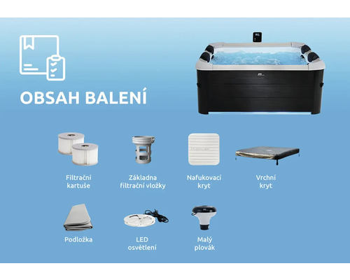 Obsah balení nafukovací vířivky: vířivka, filtrační kartuše, základna, nafukovací a vrchní kryt, podložka, osvětlení a plovák.