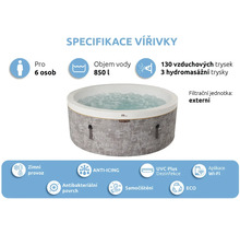 Vířivka pro 6 osob, 850 litrů, 130 vzduchových a 3 hydromasážní trysky, externí filtrace, Wi-Fi, zimní provoz a UVC dezinfekce.