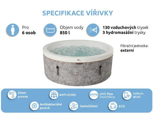 Vířivka pro 6 osob, 850 litrů, 130 vzduchových a 3 hydromasážní trysky, externí filtrace, Wi-Fi, zimní provoz a UVC dezinfekce.