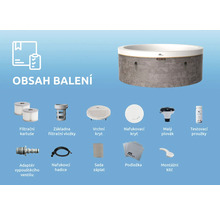 Obsah balení nafukovací vířivky s filtračními kartušemi, kryty, hadicí, testovacími proužky a příslušenstvím.