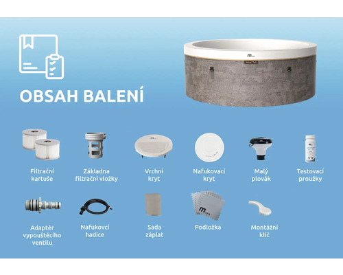 Obsah balení nafukovací vířivky s filtračními kartušemi, kryty, hadicí, testovacími proužky a příslušenstvím.