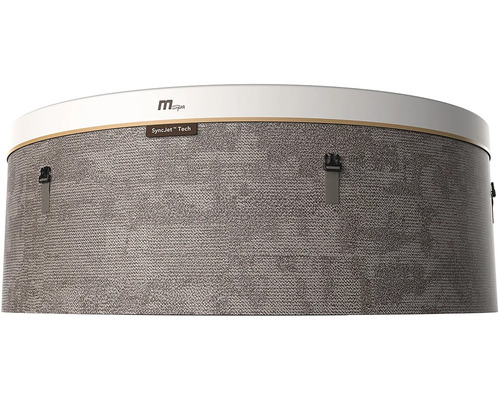 Venkovní stěna kulaté vířivky MSpa s šedou texturou, nápisem SyncJet Tech, MSpa Logo a uzavíracími přezkami.