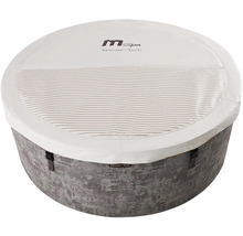 Nafukovací vířivka MSpa SyncJet Tech, kulatý tvar, se strukturovanou vnější stěnou a bílým krytem s upevňovacími popruhy.