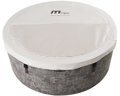 Nafukovací vířivka MSpa SyncJet Tech, kulatý tvar, se strukturovanou vnější stěnou a bílým krytem s upevňovacími popruhy.