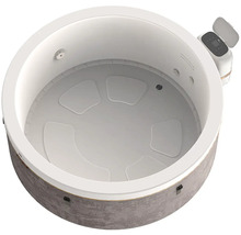 Nafukovací vířivka kulatá s šedým vnějším povrchem se vzhledem kamene, bílým vnitřkem se sedáky a externím ovládacím panelem.