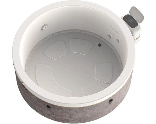 Nafukovací vířivka kulatá s šedým vnějším povrchem se vzhledem kamene, bílým vnitřkem se sedáky a externím ovládacím panelem.