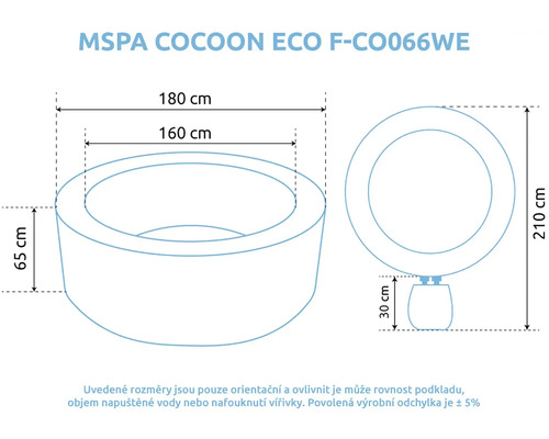 Rozměrový výkres vířivky MSPA Cocoon Eco s vnějším průměrem 180 centimetrů, vnitřním průměrem 160 centimetrů a výškou 65 centimetrů.
