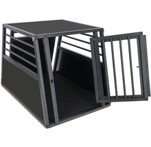 Černý lichoběžníkový přepravní box pro psy z kovu do auta s otevřenými mřížovými dvířky.