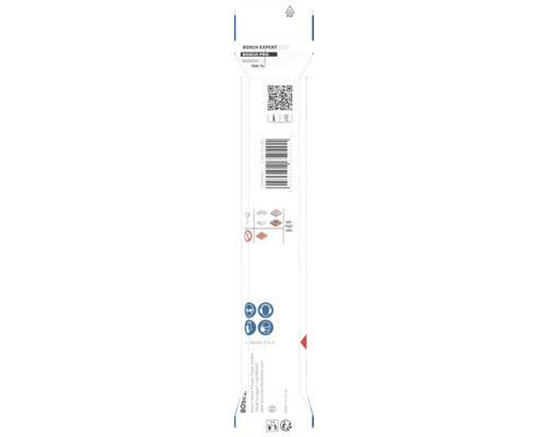 Zadní strana obalu produktu Bosch Expert s čárovým kódem, bezpečnostními symboly, informacemi o materiálu a Bosch Logo.