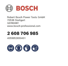 Logo Bosch s údaji o výrobci a bezpečnostními symboly pro ochranu očí, sluchu, rukou a dýchacích cest.