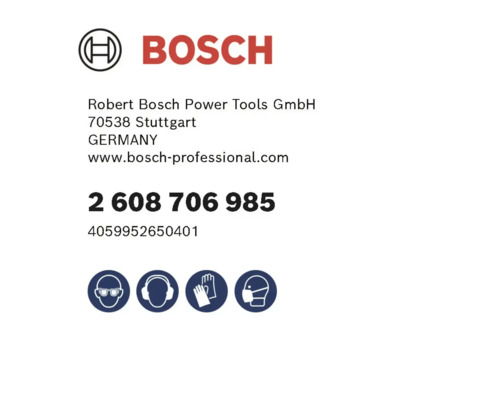 Logo Bosch s údaji o výrobci a bezpečnostními symboly pro ochranu očí, sluchu, rukou a dýchacích cest.