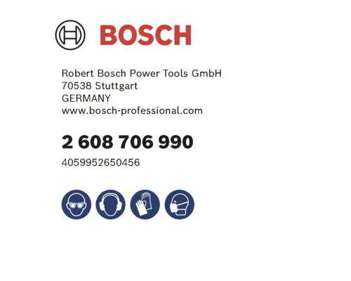 Logo Bosch s informacemi o výrobci, čísly produktů a bezpečnostními symboly pro ochranu očí, sluchu, rukavic a dýchacích cest.