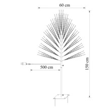 Technický nákres LED stromu s výškou 150 centimetrů, šířkou 60 centimetrů a délkou kabelu 500 centimetrů.