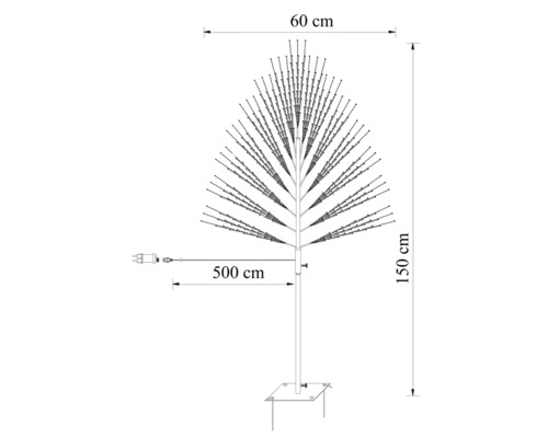 Technický nákres LED stromu s výškou 150 centimetrů, šířkou 60 centimetrů a délkou kabelu 500 centimetrů.