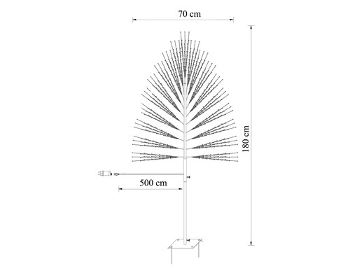 Nákres LED světelného stromu s výškou 180 centimetrů, šířkou 70 centimetrů a kabelem o délce 500 centimetrů.