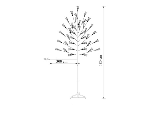 Rozměrový náčrt LED světelného stromu s výškou 180 centimetrů a délkou přívodu 300 centimetrů.